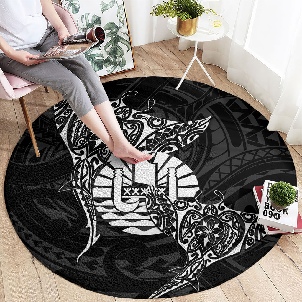 French Polynesia Manta Ray Tattoo Round Carpet Tahiti Hahalua Turtle Shark Black Color LT14 - Polynesian Pride