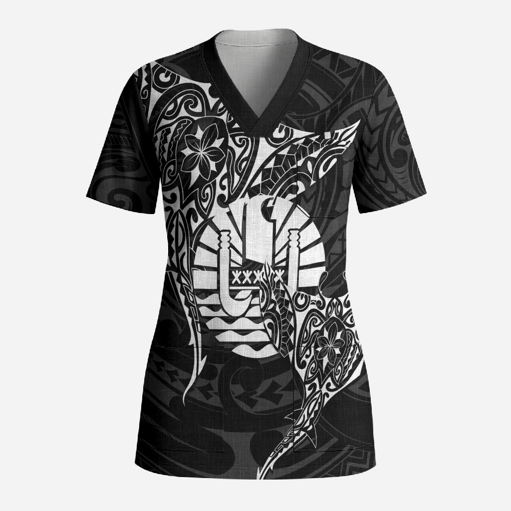 French Polynesia Manta Ray Tattoo Scrub Top Tahiti Hahalua Turtle Shark Black Color LT14 Adult Black - Polynesian Pride