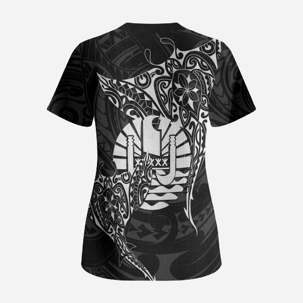French Polynesia Manta Ray Tattoo Scrub Top Tahiti Hahalua Turtle Shark Black Color LT14 - Polynesian Pride