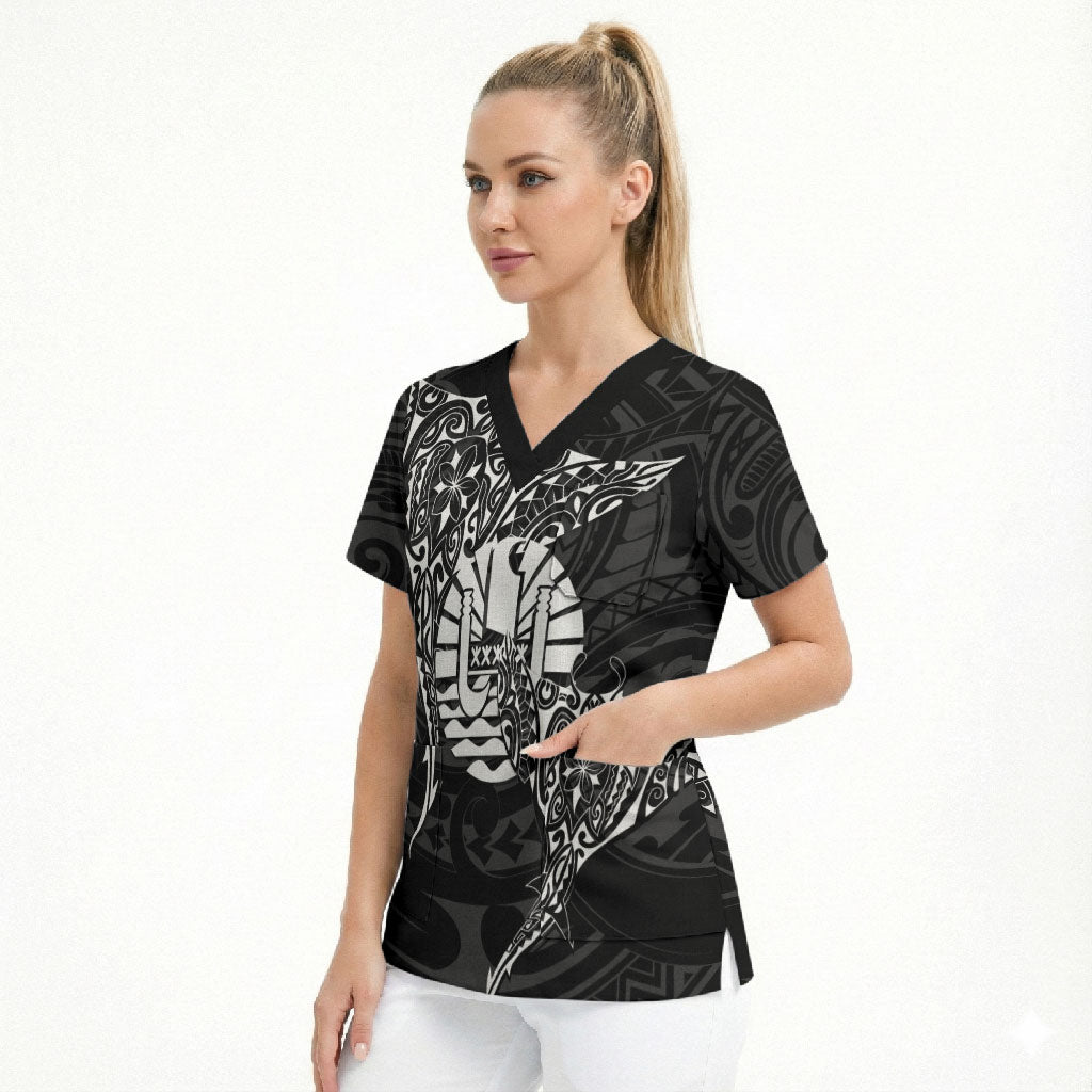 French Polynesia Manta Ray Tattoo Scrub Top Tahiti Hahalua Turtle Shark Black Color LT14 - Polynesian Pride