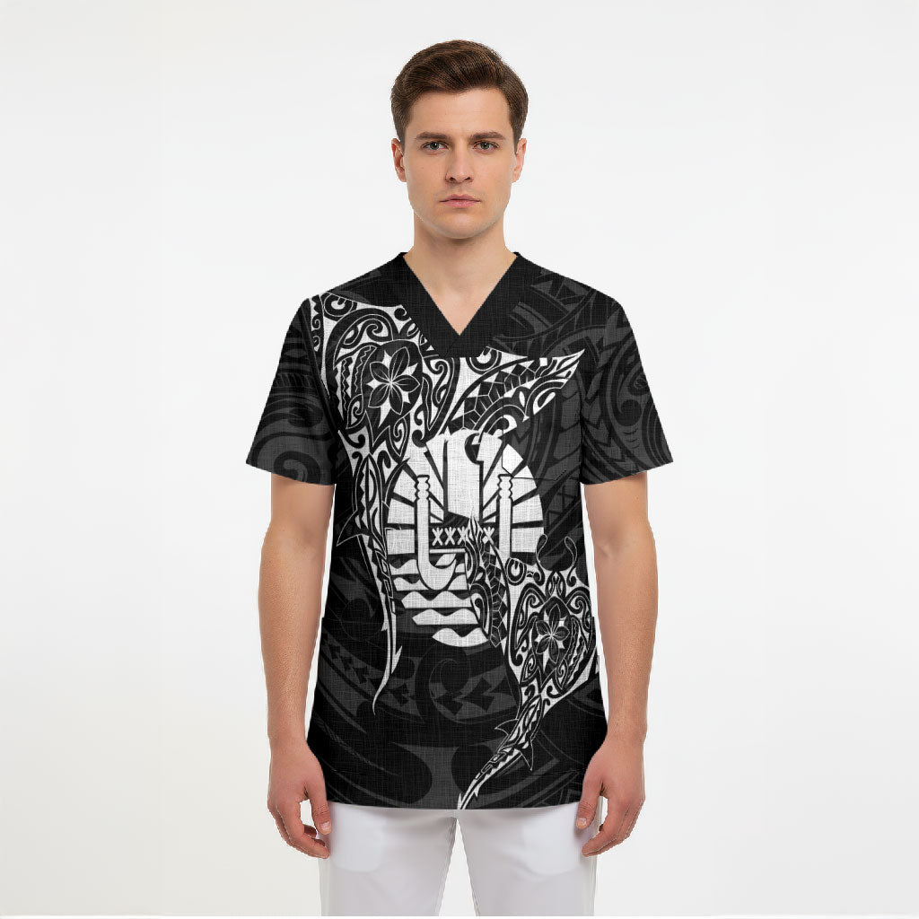 French Polynesia Manta Ray Tattoo Scrub Top Tahiti Hahalua Turtle Shark Black Color LT14 - Polynesian Pride