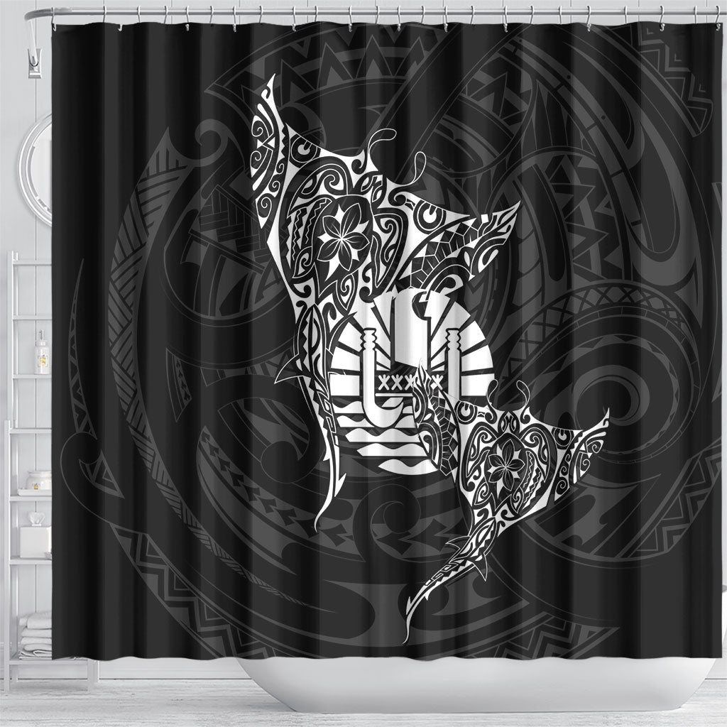 French Polynesia Manta Ray Tattoo Shower Curtain Tahiti Hahalua Turtle Shark Black Color
