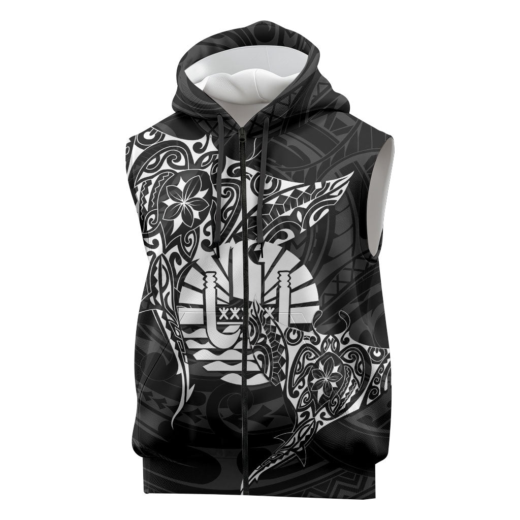 French Polynesia Manta Ray Tattoo Sleeveless Zip Hoodie Tahiti Hahalua Turtle Shark Black Color LT14 Black - Polynesian Pride