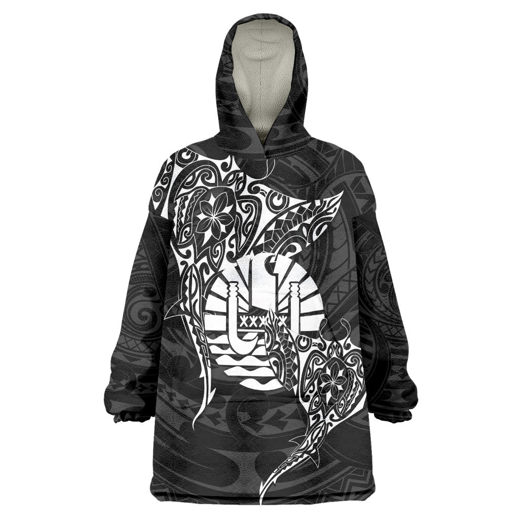 French Polynesia Manta Ray Tattoo Wearable Blanket Hoodie Tahiti Hahalua Turtle Shark Black Color LT14 One Size Black - Polynesian Pride