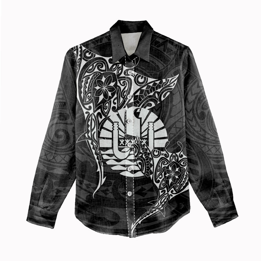 French Polynesia Manta Ray Tattoo Women Casual Shirt Tahiti Hahalua Turtle Shark Black Color LT14 - Polynesian Pride