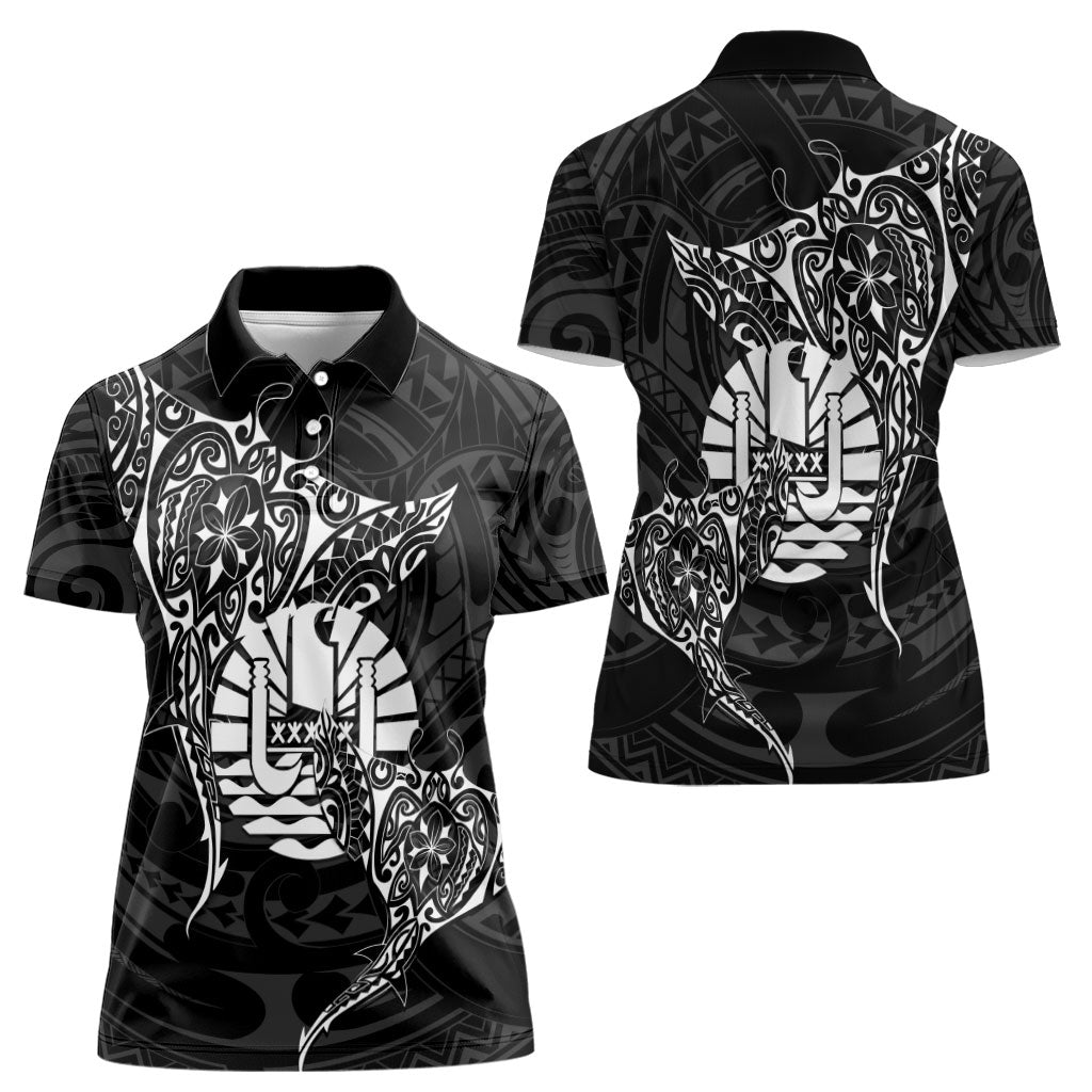 French Polynesia Manta Ray Tattoo Women Polo Shirt Tahiti Hahalua Turtle Shark Black Color LT14 - Polynesian Pride