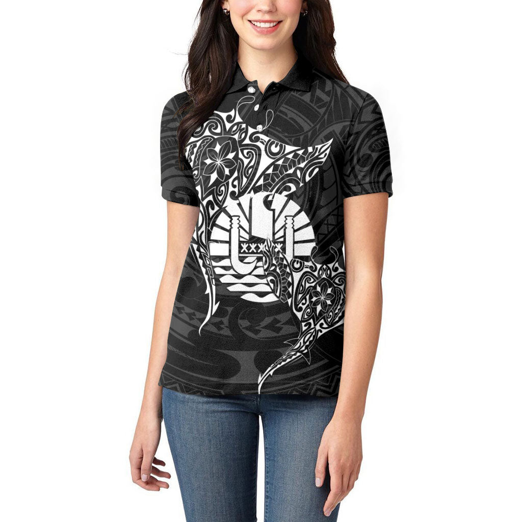 French Polynesia Manta Ray Tattoo Women Polo Shirt Tahiti Hahalua Turtle Shark Black Color LT14 - Polynesian Pride