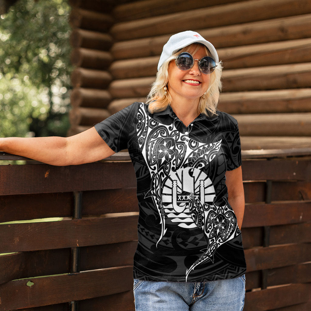 French Polynesia Manta Ray Tattoo Women Polo Shirt Tahiti Hahalua Turtle Shark Black Color LT14 - Polynesian Pride