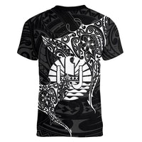French Polynesia Manta Ray Tattoo Women V-Neck T-Shirt Tahiti Hahalua Turtle Shark Black Color LT14 - Polynesian Pride