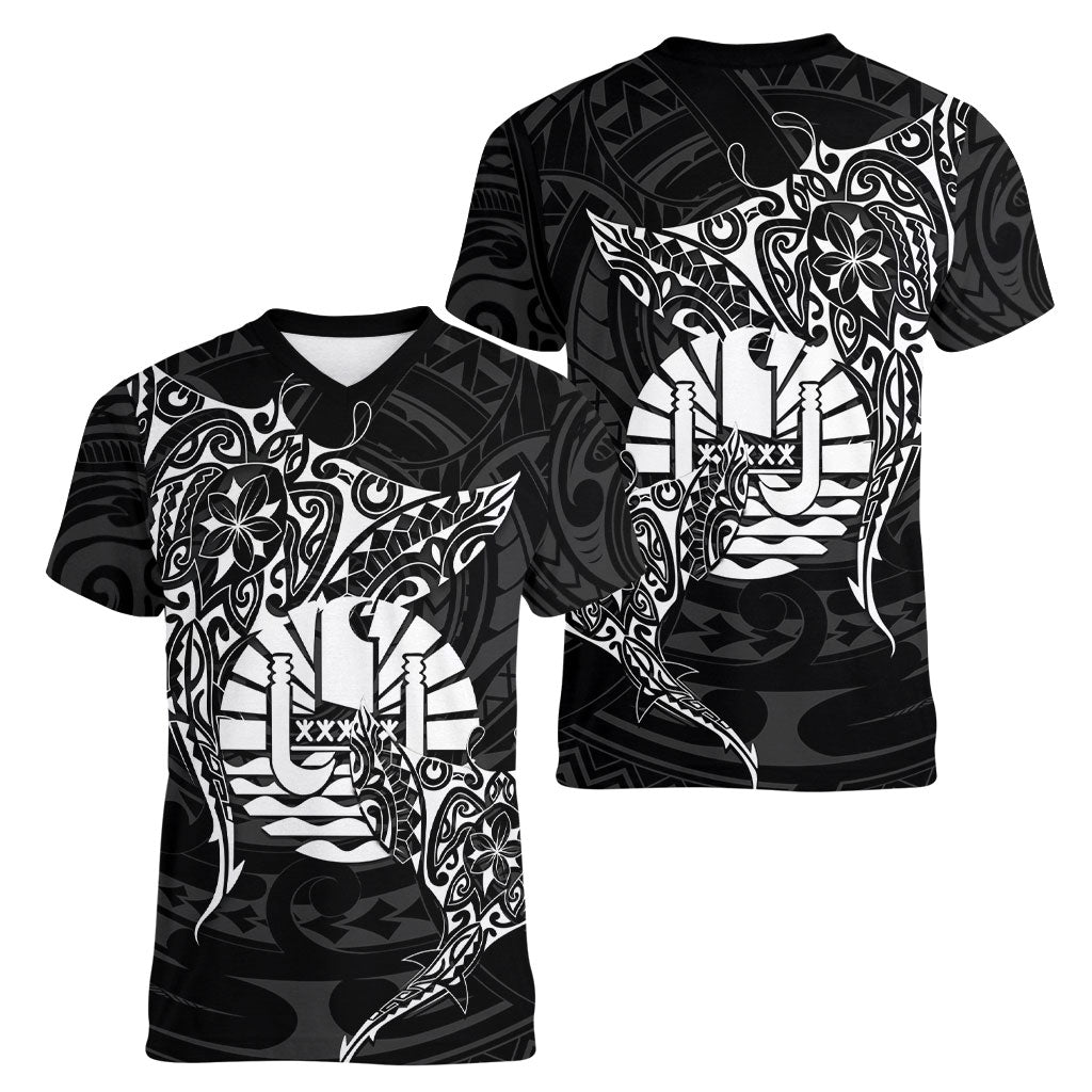 French Polynesia Manta Ray Tattoo Women V-Neck T-Shirt Tahiti Hahalua Turtle Shark Black Color LT14 - Polynesian Pride