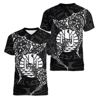 French Polynesia Manta Ray Tattoo Women V-Neck T-Shirt Tahiti Hahalua Turtle Shark Black Color LT14 - Polynesian Pride