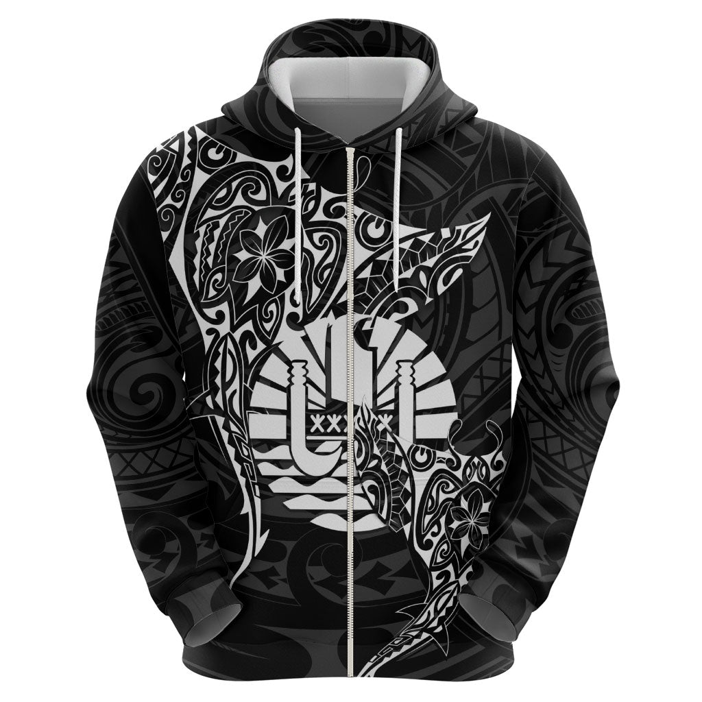 French Polynesia Manta Ray Tattoo Zip Hoodie Tahiti Hahalua Turtle Shark Black Color LT14 - Polynesian Pride