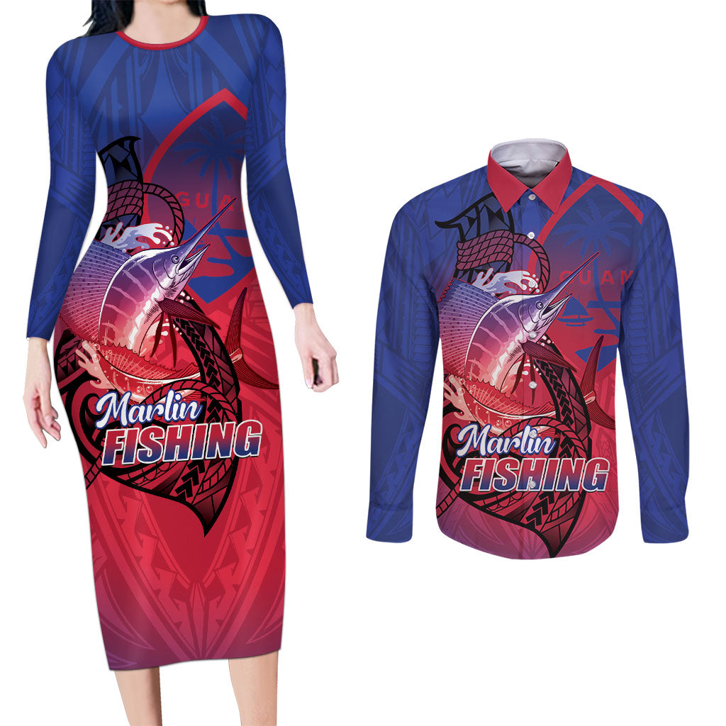 Guam Blue Marlin Fishing Couples Matching Long Sleeve Bodycon Dress and Long Sleeve Button Shirt Guahan Fish Hook Tattoo LT14 Blue - Polynesian Pride
