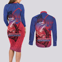 Guam Blue Marlin Fishing Couples Matching Long Sleeve Bodycon Dress and Long Sleeve Button Shirt Guahan Fish Hook Tattoo LT14 - Polynesian Pride