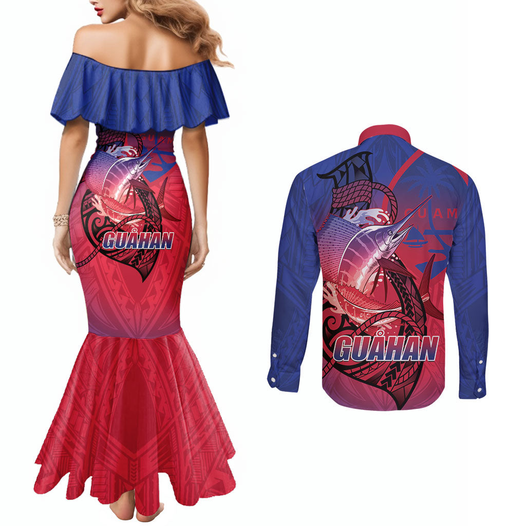 Guam Blue Marlin Fishing Couples Matching Mermaid Dress and Long Sleeve Button Shirt Guahan Fish Hook Tattoo LT14 - Polynesian Pride