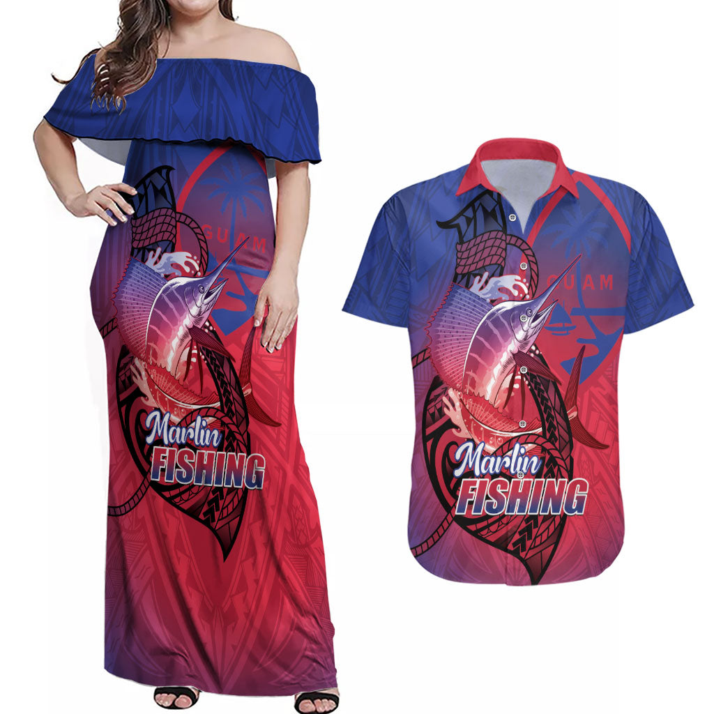 Guam Blue Marlin Fishing Couples Matching Off Shoulder Maxi Dress and Hawaiian Shirt Guahan Fish Hook Tattoo LT14 Blue - Polynesian Pride