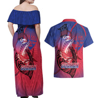 Guam Blue Marlin Fishing Couples Matching Off Shoulder Maxi Dress and Hawaiian Shirt Guahan Fish Hook Tattoo LT14 - Polynesian Pride