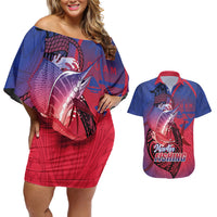 Guam Blue Marlin Fishing Couples Matching Off Shoulder Short Dress and Hawaiian Shirt Guahan Fish Hook Tattoo LT14 Blue - Polynesian Pride