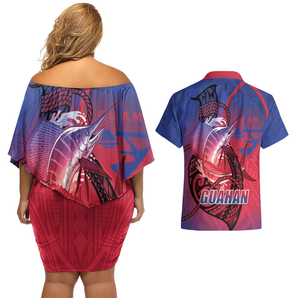 Guam Blue Marlin Fishing Couples Matching Off Shoulder Short Dress and Hawaiian Shirt Guahan Fish Hook Tattoo LT14 - Polynesian Pride