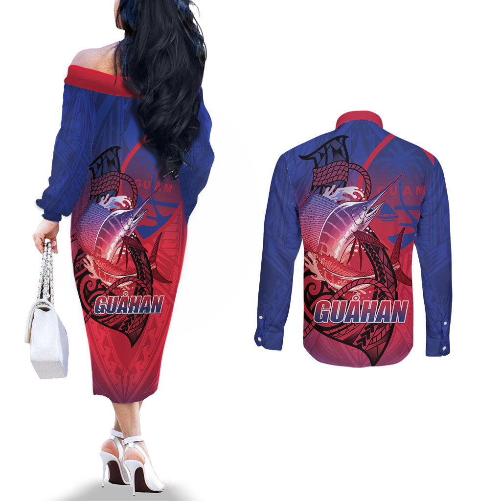 Guam Blue Marlin Fishing Couples Matching Off The Shoulder Long Sleeve Dress and Long Sleeve Button Shirt Guahan Fish Hook Tattoo LT14 - Polynesian Pride