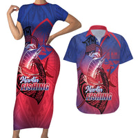 Guam Blue Marlin Fishing Couples Matching Short Sleeve Bodycon Dress and Hawaiian Shirt Guahan Fish Hook Tattoo LT14 Blue - Polynesian Pride