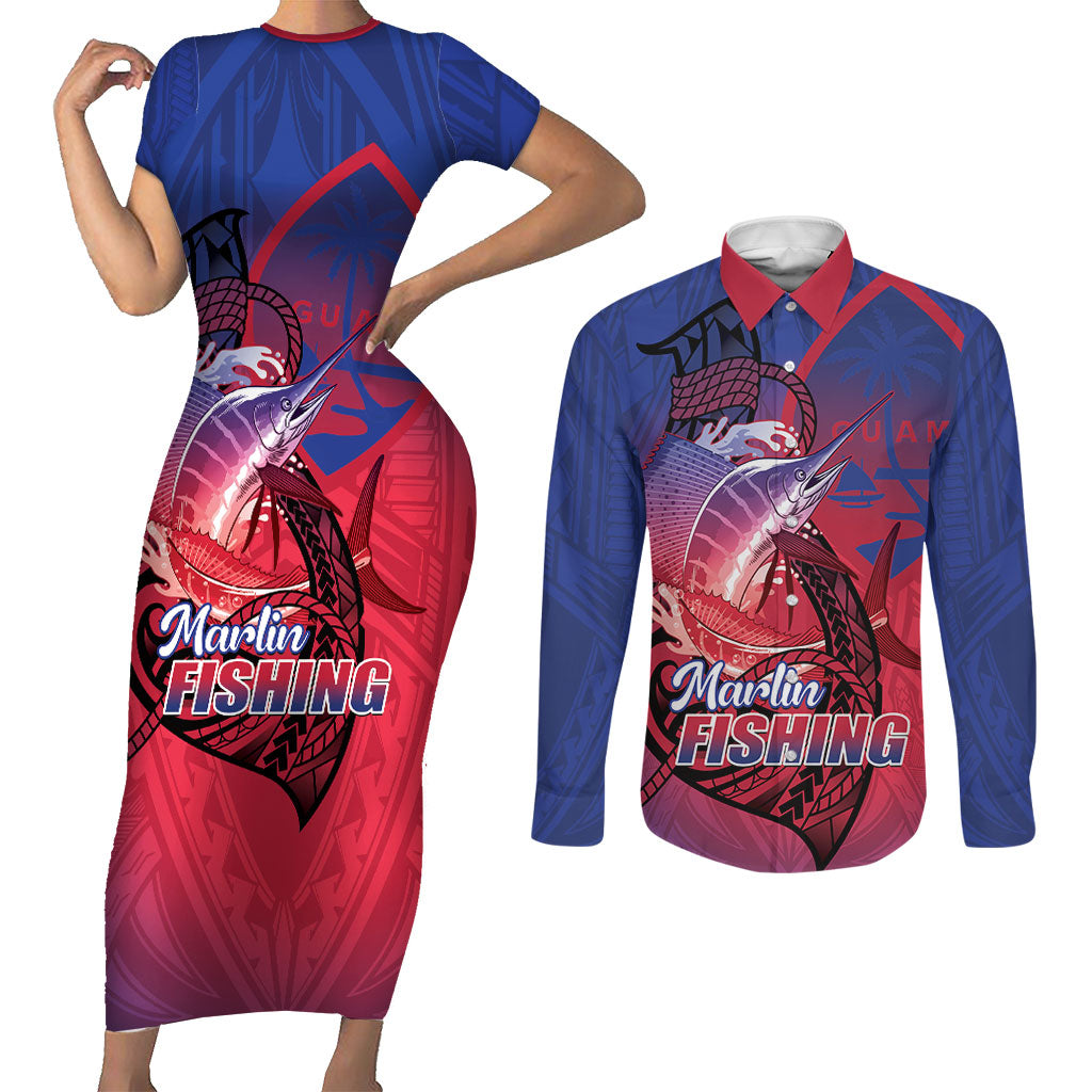 Guam Blue Marlin Fishing Couples Matching Short Sleeve Bodycon Dress and Long Sleeve Button Shirt Guahan Fish Hook Tattoo LT14 Blue - Polynesian Pride