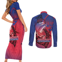 Guam Blue Marlin Fishing Couples Matching Short Sleeve Bodycon Dress and Long Sleeve Button Shirt Guahan Fish Hook Tattoo LT14 - Polynesian Pride