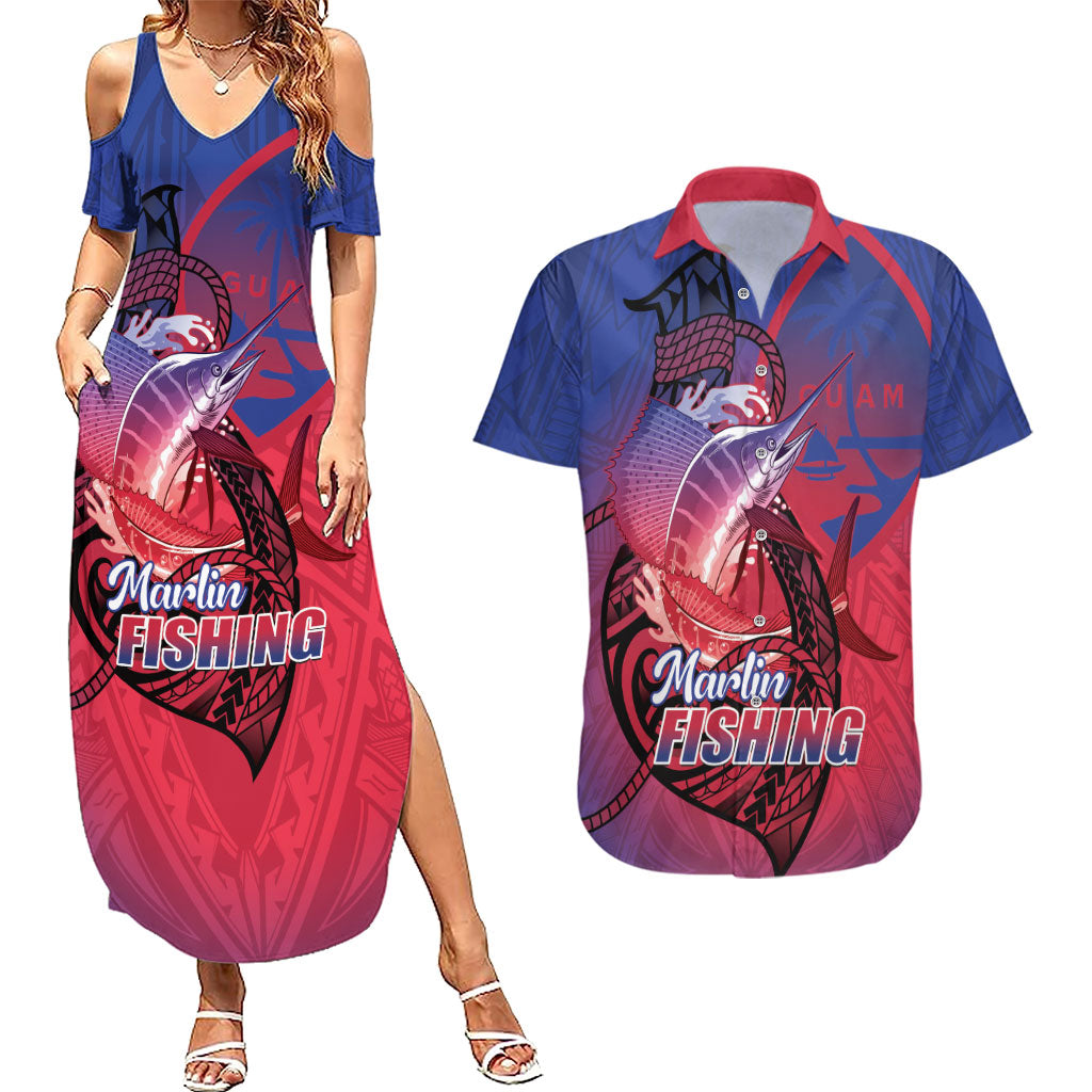 Guam Blue Marlin Fishing Couples Matching Summer Maxi Dress and Hawaiian Shirt Guahan Fish Hook Tattoo LT14 Blue - Polynesian Pride