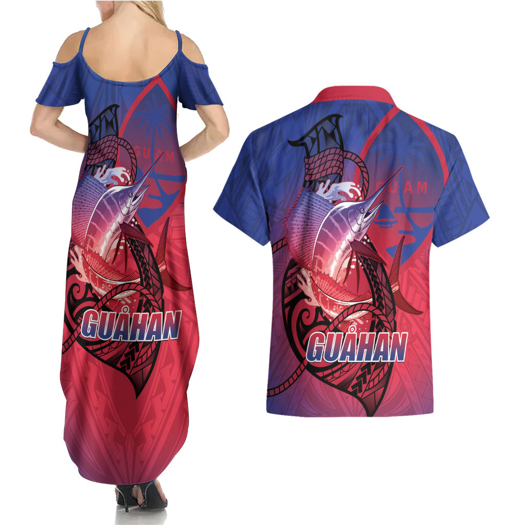 Guam Blue Marlin Fishing Couples Matching Summer Maxi Dress and Hawaiian Shirt Guahan Fish Hook Tattoo LT14 - Polynesian Pride