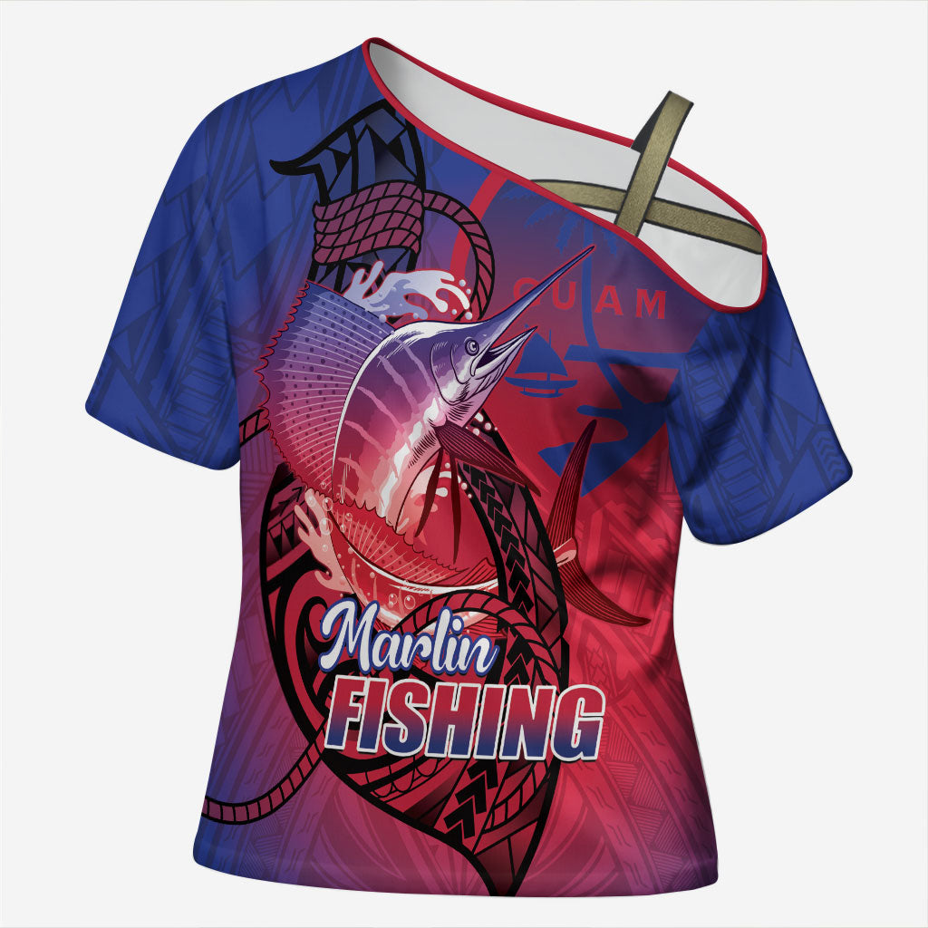 Guam Blue Marlin Fishing Cross Shoulder Shirt Guahan Fish Hook Tattoo LT14 Female Blue - Polynesian Pride