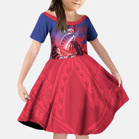 Guam Blue Marlin Fishing Family Matching Off The Shoulder Long Sleeve Dress and Hawaiian Shirt Guahan Fish Hook Tattoo LT14 Daughter's Dress Blue - Polynesian Pride