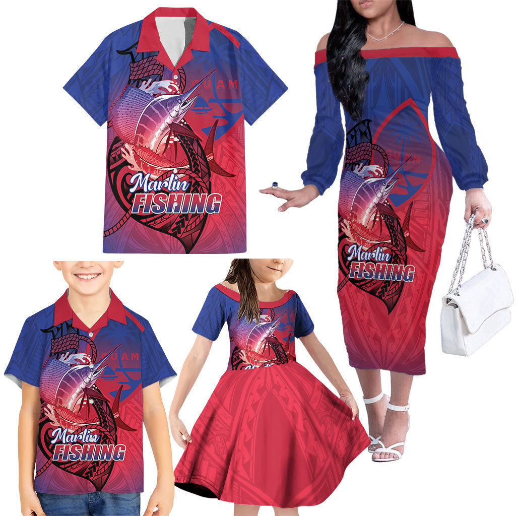 Guam Blue Marlin Fishing Family Matching Off The Shoulder Long Sleeve Dress and Hawaiian Shirt Guahan Fish Hook Tattoo LT14 - Polynesian Pride