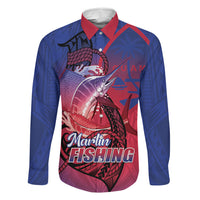 Guam Blue Marlin Fishing Family Matching Off Shoulder Maxi Dress and Hawaiian Shirt Guahan Fish Hook Tattoo LT14 Dad's Shirt - Long Sleeve Blue - Polynesian Pride