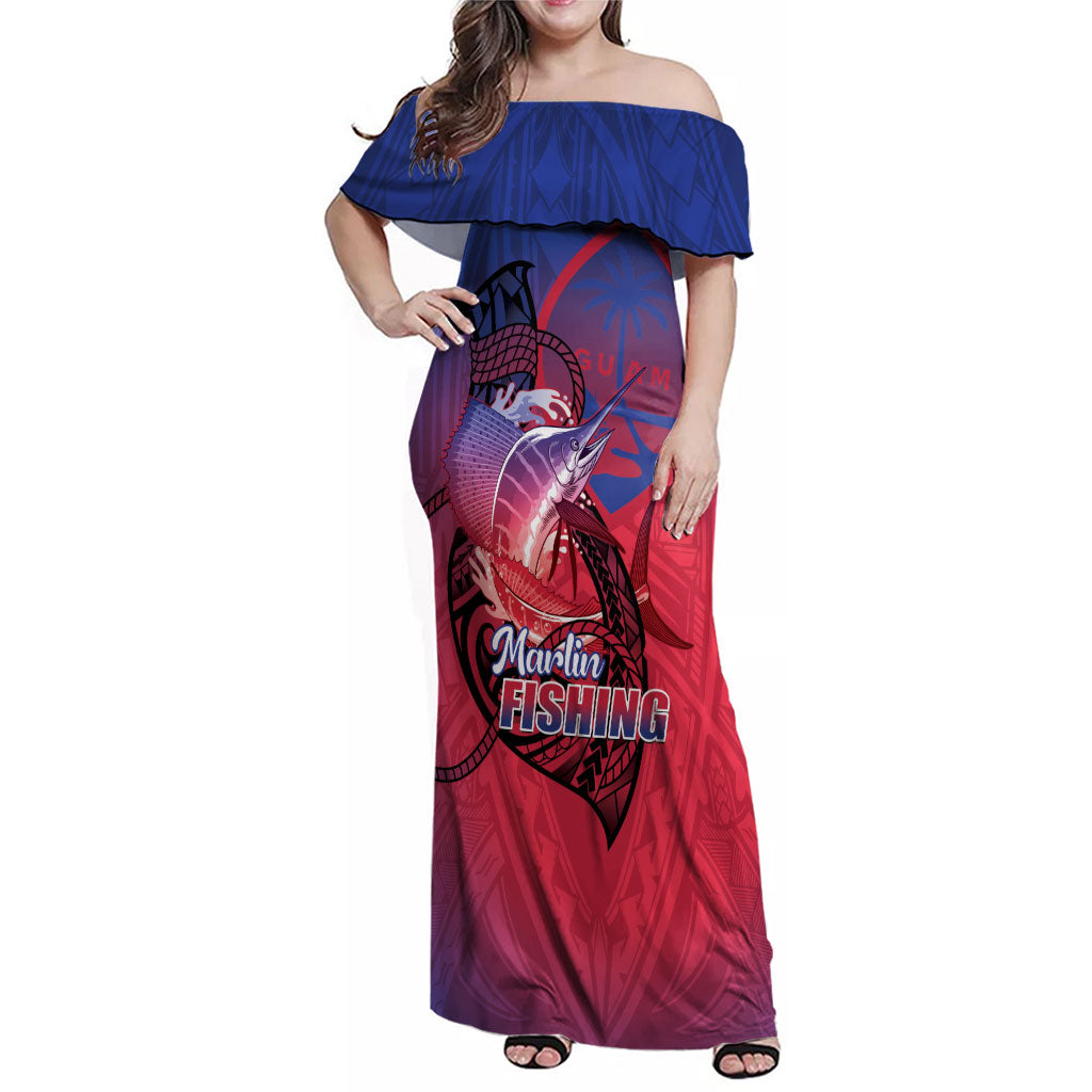 Guam Blue Marlin Fishing Family Matching Off Shoulder Maxi Dress and Hawaiian Shirt Guahan Fish Hook Tattoo LT14 Mom's Dress Blue - Polynesian Pride
