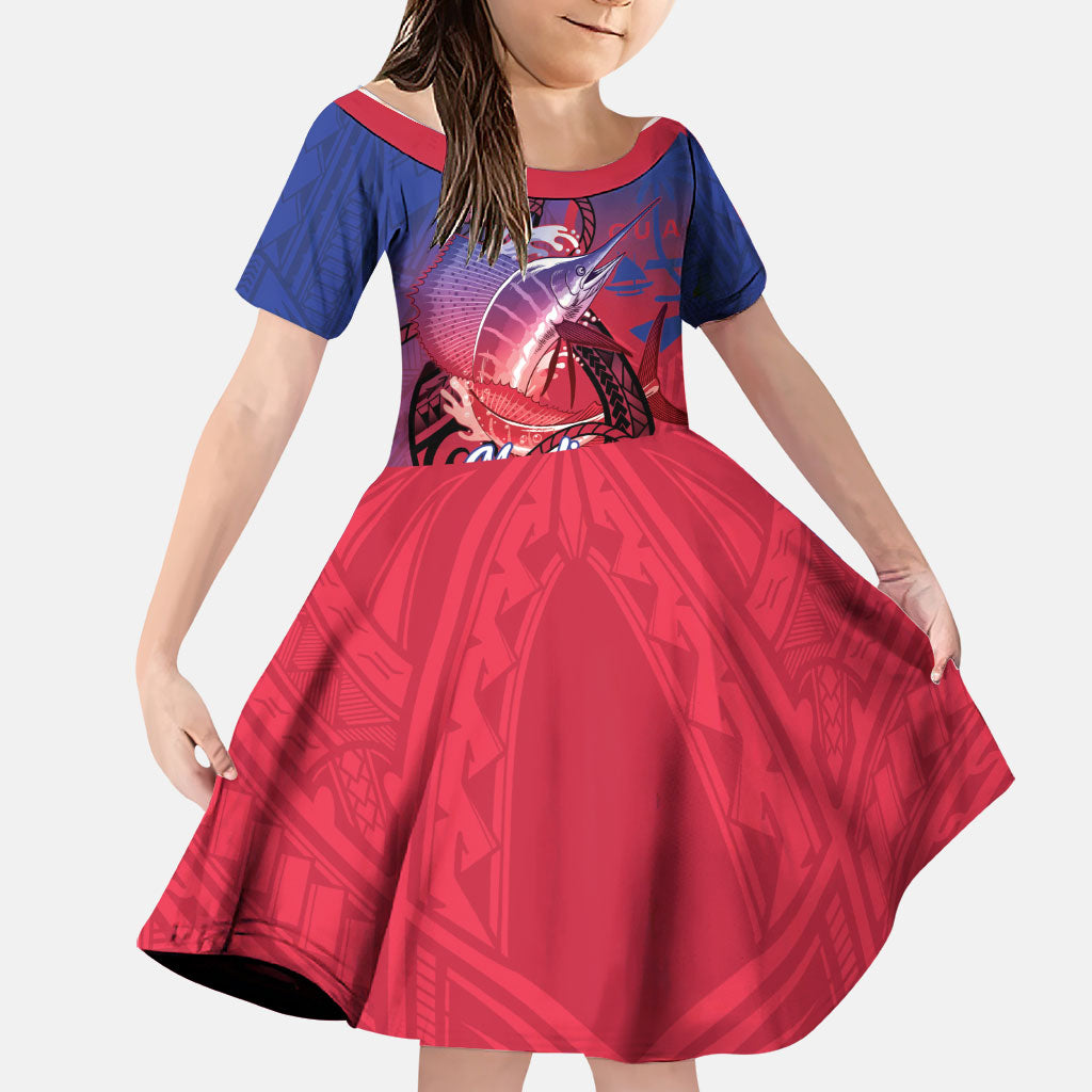 Guam Blue Marlin Fishing Family Matching Off Shoulder Short Dress and Hawaiian Shirt Guahan Fish Hook Tattoo LT14 Daughter's Dress Blue - Polynesian Pride