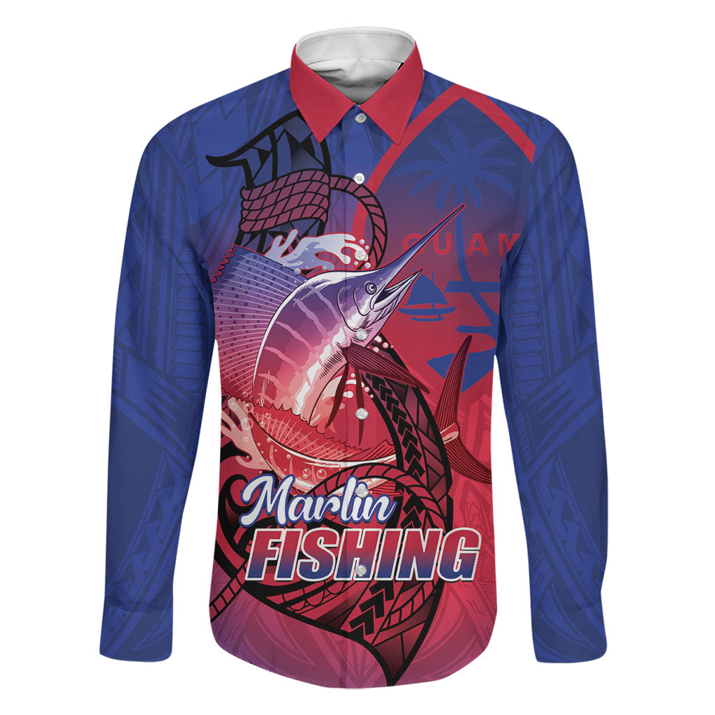 Guam Blue Marlin Fishing Family Matching Off Shoulder Short Dress and Hawaiian Shirt Guahan Fish Hook Tattoo LT14 Dad's Shirt - Long Sleeve Blue - Polynesian Pride
