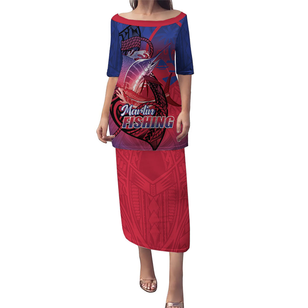 Guam Blue Marlin Fishing Family Matching Puletasi and Hawaiian Shirt Guahan Fish Hook Tattoo LT14 Mom's Dress Blue - Polynesian Pride