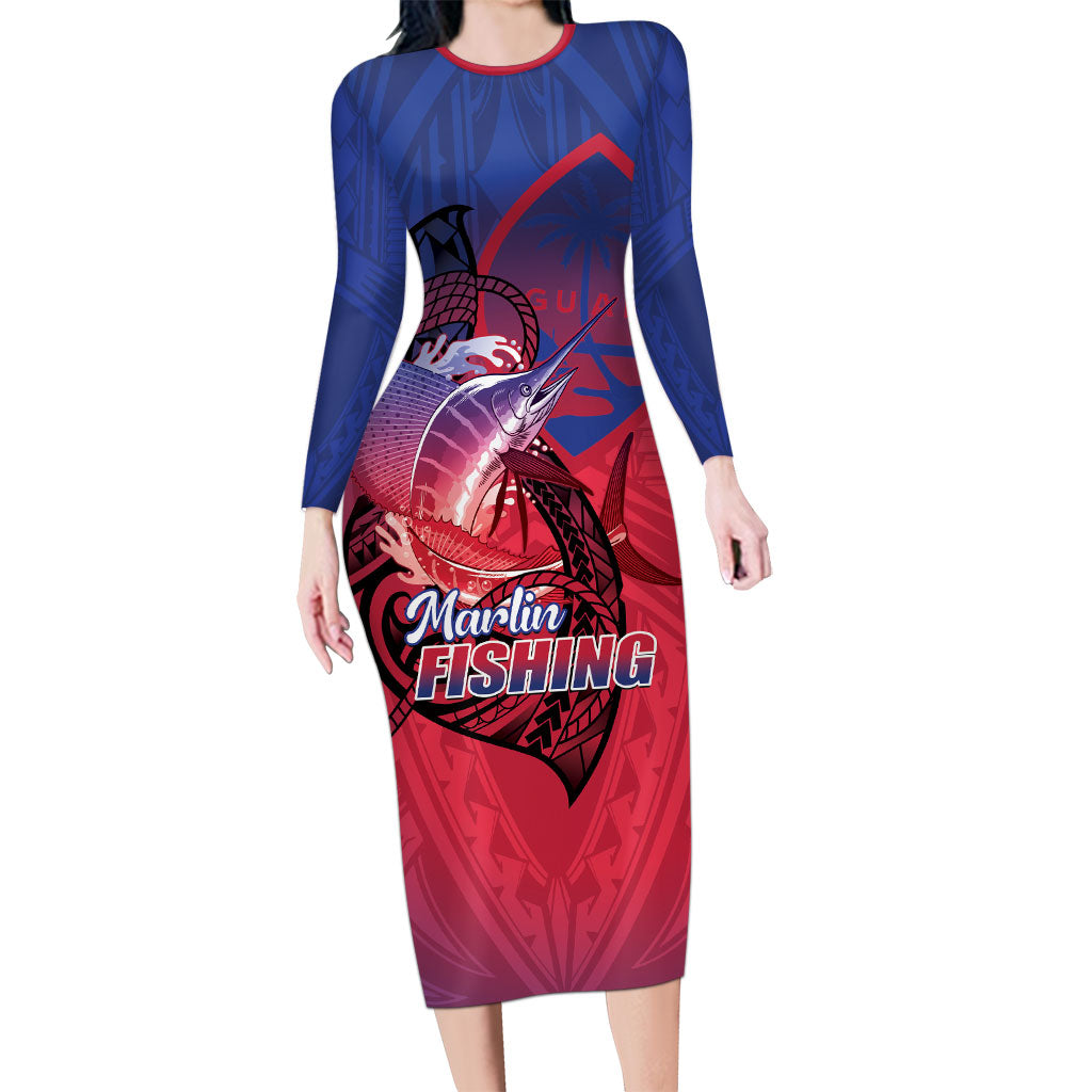 Guam Blue Marlin Fishing Long Sleeve Bodycon Dress Guahan Fish Hook Tattoo