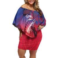 Guam Blue Marlin Fishing Off Shoulder Short Dress Guahan Fish Hook Tattoo LT14 Women Blue - Polynesian Pride