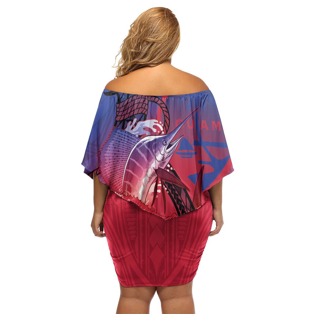 Guam Blue Marlin Fishing Off Shoulder Short Dress Guahan Fish Hook Tattoo LT14 - Polynesian Pride