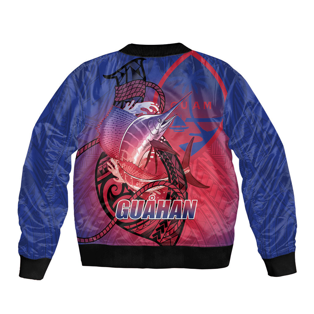 Guam Blue Marlin Fishing Sleeve Zip Bomber Jacket Guahan Fish Hook Tattoo
