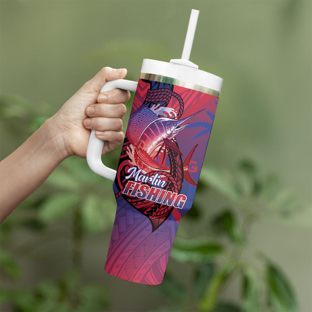 Guam Blue Marlin Fishing Tumbler With Handle Guahan Fish Hook Tattoo