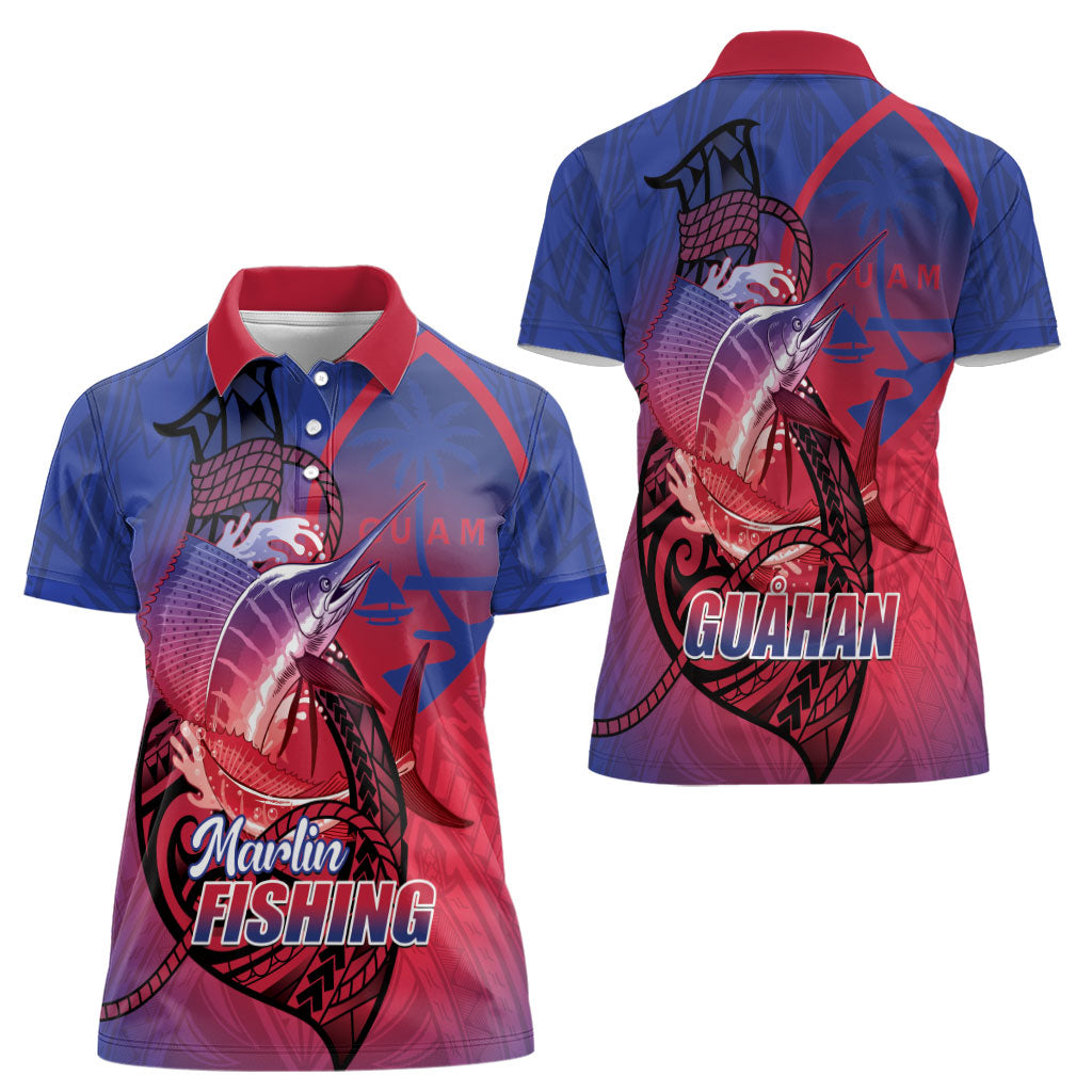 Guam Blue Marlin Fishing Women Polo Shirt Guahan Fish Hook Tattoo LT14 - Polynesian Pride