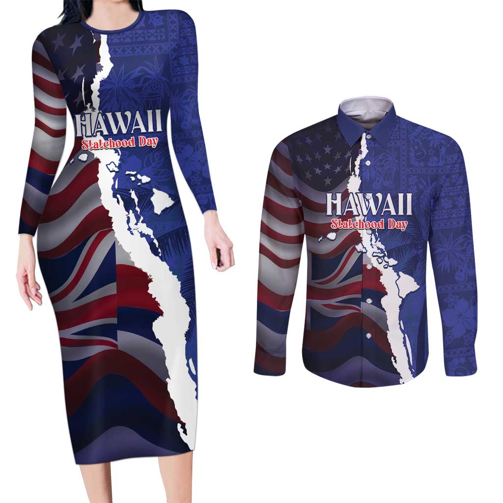 Personalized Hawaii Statehood Day Couples Matching Long Sleeve Bodycon Dress and Long Sleeve Button Shirt 66th Anniversary - Polynesian Pride