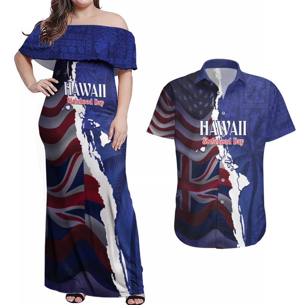 Personalized Hawaii Statehood Day Couples Matching Off Shoulder Maxi Dress and Hawaiian Shirt 66th Anniversary - Polynesian Pride