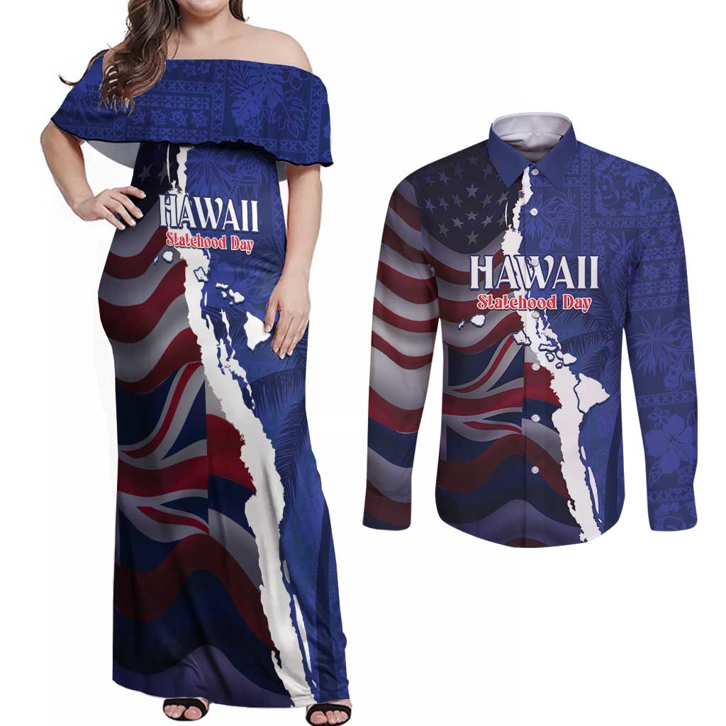 Personalized Hawaii Statehood Day Couples Matching Off Shoulder Maxi Dress and Long Sleeve Button Shirt 66th Anniversary - Polynesian Pride