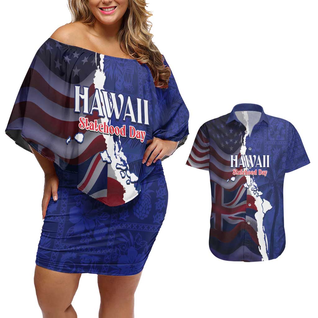 Personalized Hawaii Statehood Day Couples Matching Off Shoulder Short Dress and Hawaiian Shirt 66th Anniversary - Polynesian Pride
