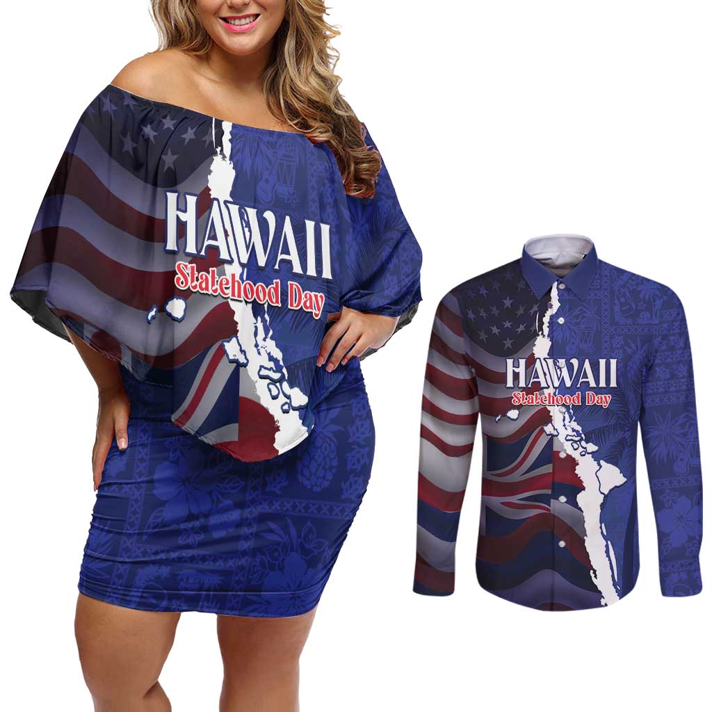 Personalized Hawaii Statehood Day Couples Matching Off Shoulder Short Dress and Long Sleeve Button Shirt 66th Anniversary - Polynesian Pride