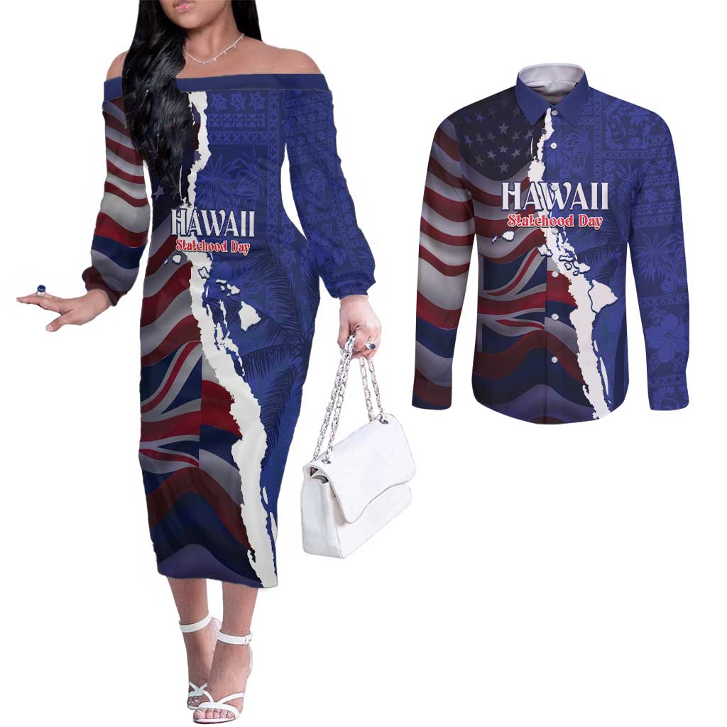 Personalized Hawaii Statehood Day Couples Matching Off The Shoulder Long Sleeve Dress and Long Sleeve Button Shirt 66th Anniversary - Polynesian Pride