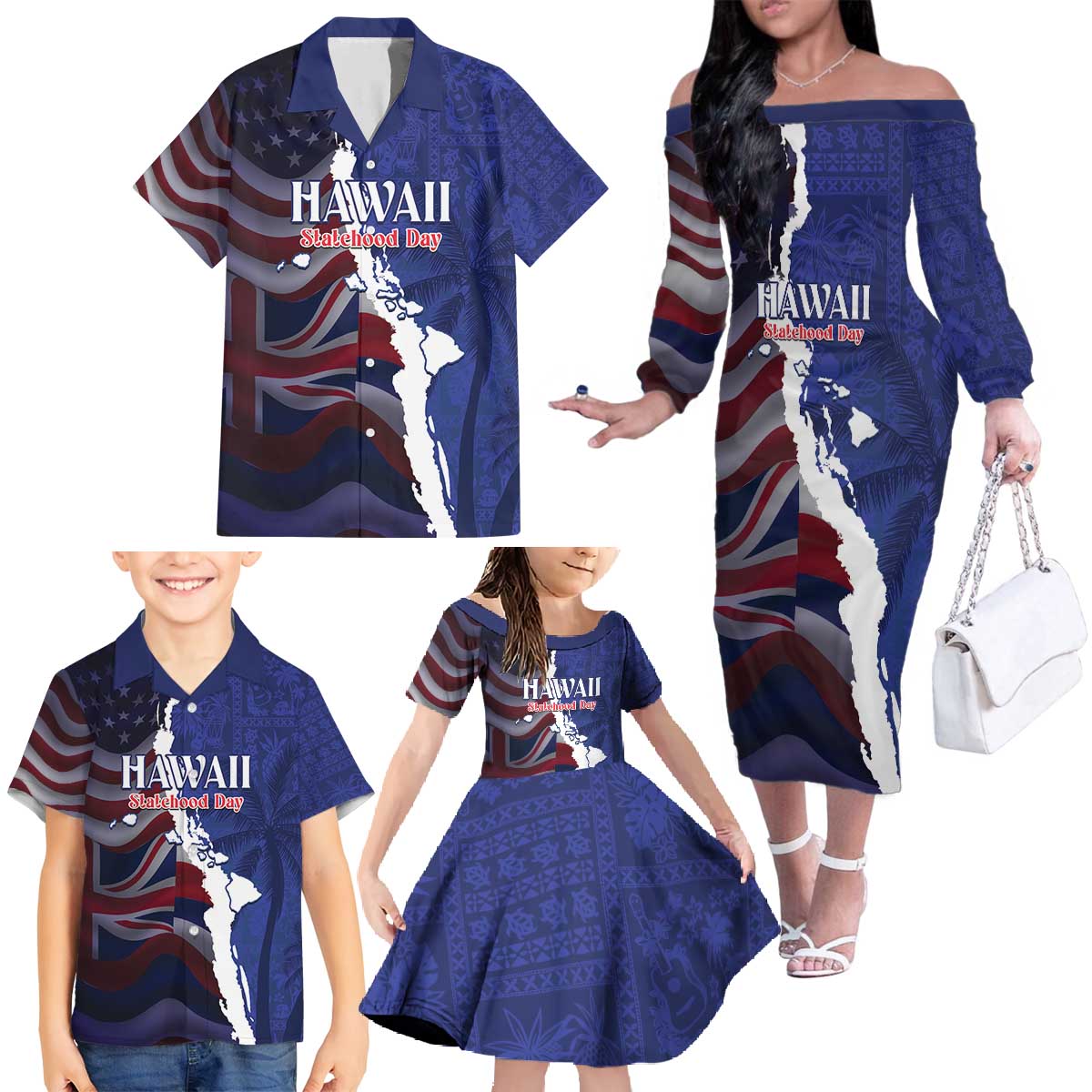 Personalized Hawaii Statehood Day Family Matching Off The Shoulder Long Sleeve Dress and Hawaiian Shirt 66th Anniversary - Polynesian Pride